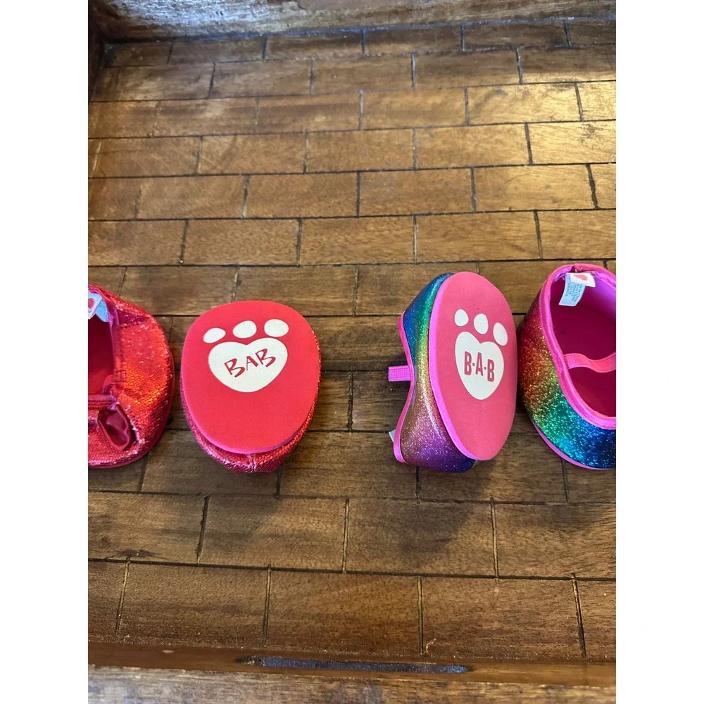 Build-A-Bear Shoes Bundle Red Sequin Bow Flats Rainbow Glitter MaryJanes BAB EUC
